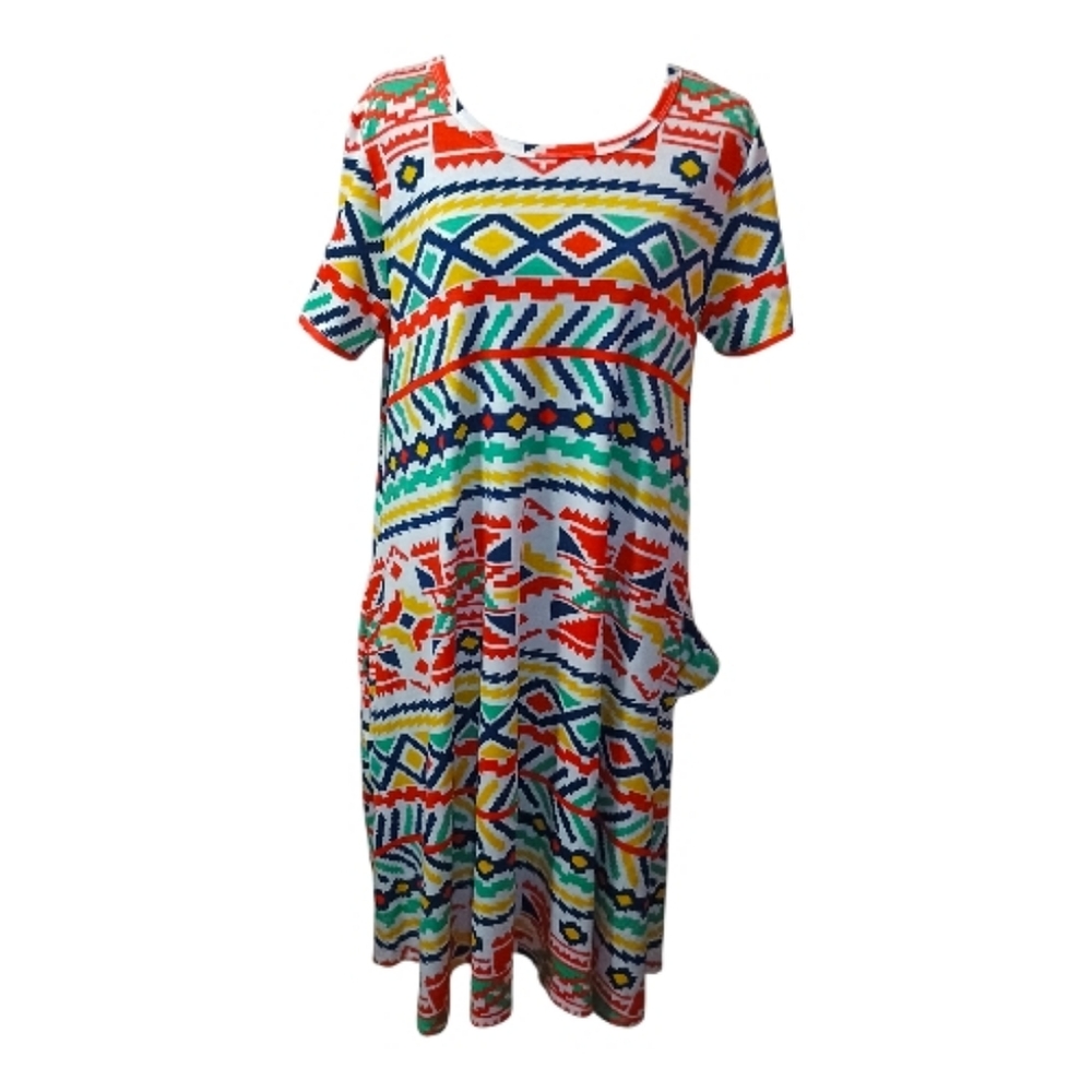 T-Shirt Style Dress Short Sleeves With Pockets Summer Casual Aztec Print Sz M